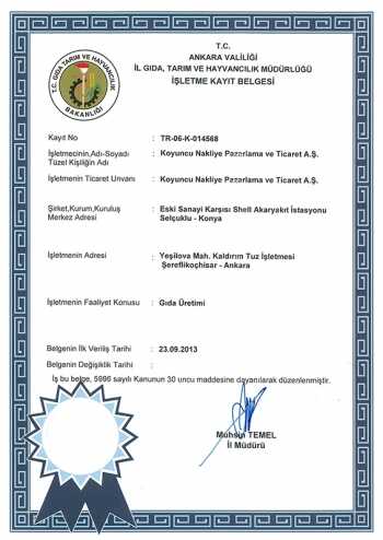 Certificat d'enregistrement d'exploitation - Koyuncu Sel